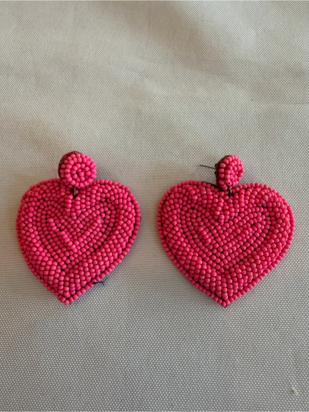 Hot Pink Beaded Heart Drop Earrings 2” long